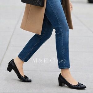 Easy Street Millie Black Pumps Size 7 Medium Low Block Heel with Patent Toe NWB